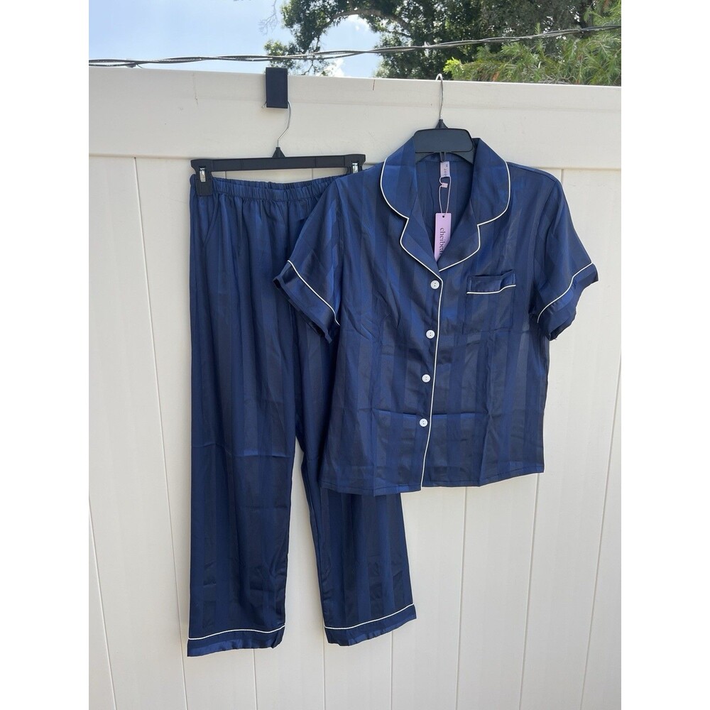 Cheibear Womens Satin Pajama Set XS Blue Button Front Top Pants New